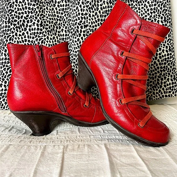 Miz Mooz Red Leather Lace Kitten Heel Boots - Picture 2 of 11